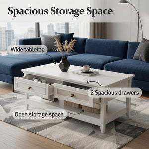 English Elm 44" Boho Coffee Table with Hand-woven Rattan Drawers Open Shelf Living Room B082P529525