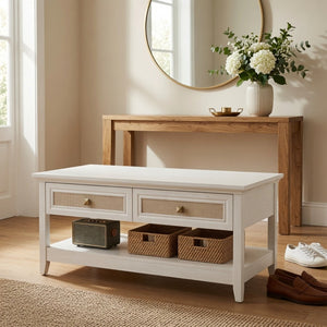 English Elm 44" Boho Coffee Table with Hand-woven Rattan Drawers Open Shelf Living Room B082P529525