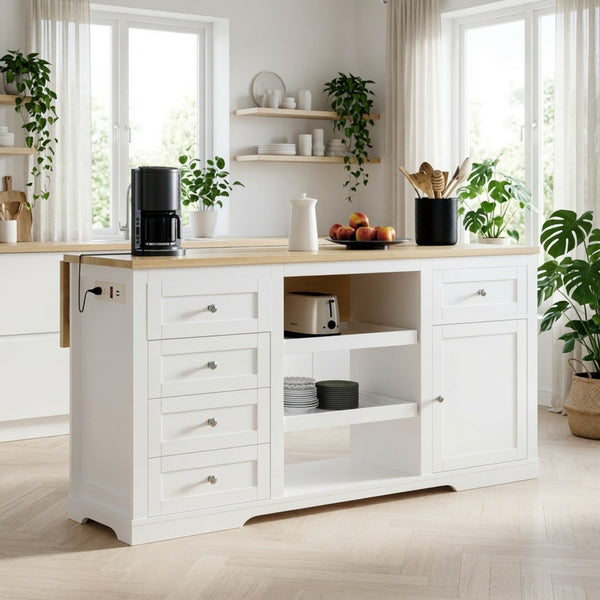 English Elm 59" Rubberwood Farmhouse Kitchen Island with Drop Leaf Power Outlets and Pet Drawer B082P529526