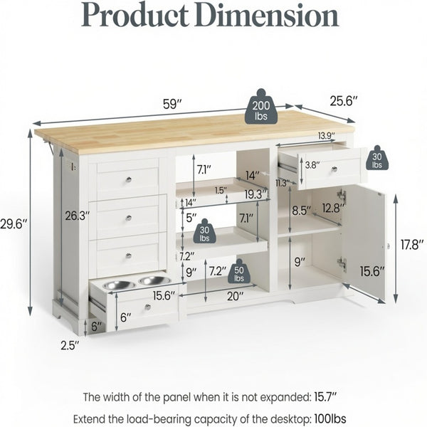 English Elm 59" Rubberwood Farmhouse Kitchen Island with Drop Leaf Power Outlets and Pet Drawer B082P529526