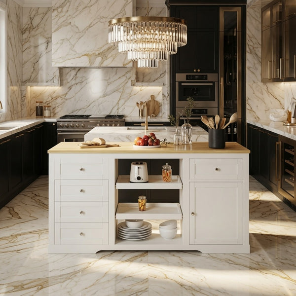 English Elm 59" Rubberwood Farmhouse Kitchen Island with Drop Leaf Power Outlets and Pet Drawer B082P529526