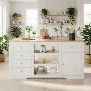 English Elm 59" Rubberwood Farmhouse Kitchen Island with Drop Leaf Power Outlets and Pet Drawer B082P529526