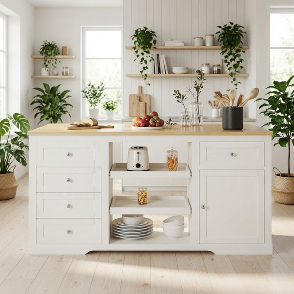 English Elm 59" Rubberwood Farmhouse Kitchen Island with Drop Leaf Power Outlets and Pet Drawer B082P529526