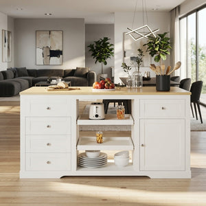 English Elm 59" Rubberwood Farmhouse Kitchen Island with Drop Leaf Power Outlets and Pet Drawer B082P529526