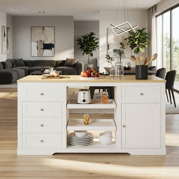English Elm 59" Rubberwood Farmhouse Kitchen Island with Drop Leaf Power Outlets and Pet Drawer B082P529526