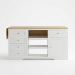 English Elm 59" Rubberwood Farmhouse Kitchen Island with Drop Leaf Power Outlets and Pet Drawer B082P529526