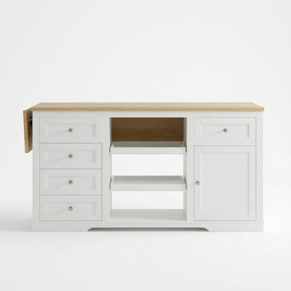 English Elm 59" Rubberwood Farmhouse Kitchen Island with Drop Leaf Power Outlets and Pet Drawer B082P529526