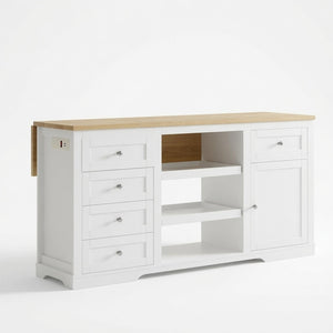 English Elm 59" Rubberwood Farmhouse Kitchen Island with Drop Leaf Power Outlets and Pet Drawer B082P529526