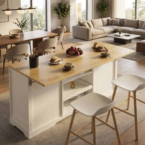 English Elm 59" Rubberwood Farmhouse Kitchen Island with Drop Leaf Power Outlets and Pet Drawer B082P529526