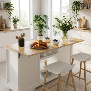 English Elm 59" Rubberwood Farmhouse Kitchen Island with Drop Leaf Power Outlets and Pet Drawer B082P529526