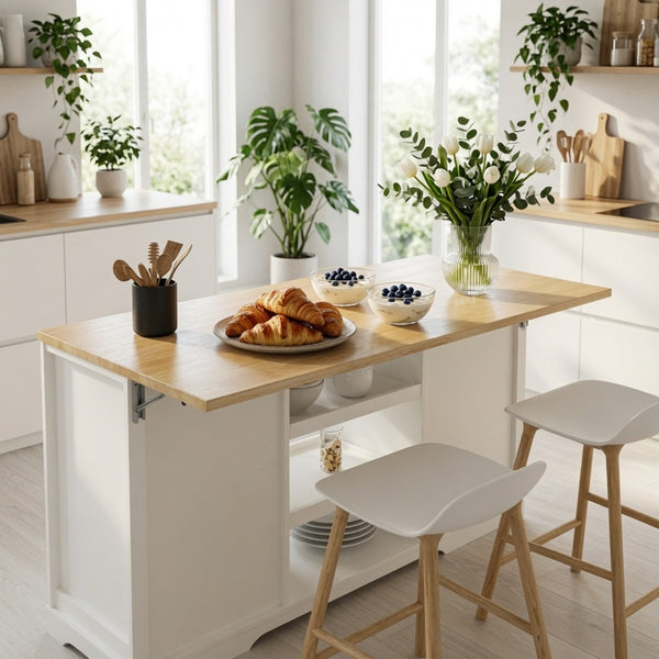 English Elm 59" Rubberwood Farmhouse Kitchen Island with Drop Leaf Power Outlets and Pet Drawer B082P529526