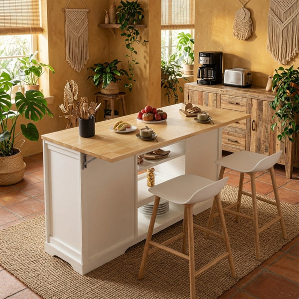 English Elm 59" Rubberwood Farmhouse Kitchen Island with Drop Leaf Power Outlets and Pet Drawer B082P529526