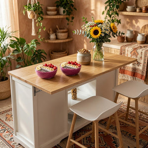 English Elm 59" Rubberwood Farmhouse Kitchen Island with Drop Leaf Power Outlets and Pet Drawer B082P529526