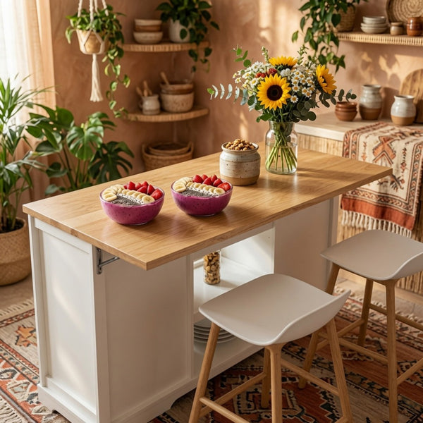 English Elm 59" Rubberwood Farmhouse Kitchen Island with Drop Leaf Power Outlets and Pet Drawer B082P529526
