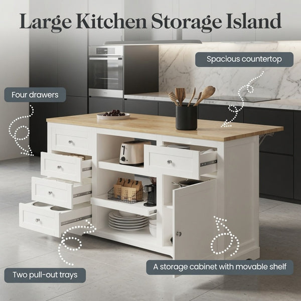 English Elm 59" Rubberwood Farmhouse Kitchen Island with Drop Leaf Power Outlets and Pet Drawer B082P529526