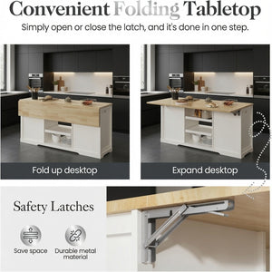 English Elm 59" Rubberwood Farmhouse Kitchen Island with Drop Leaf Power Outlets and Pet Drawer B082P529526