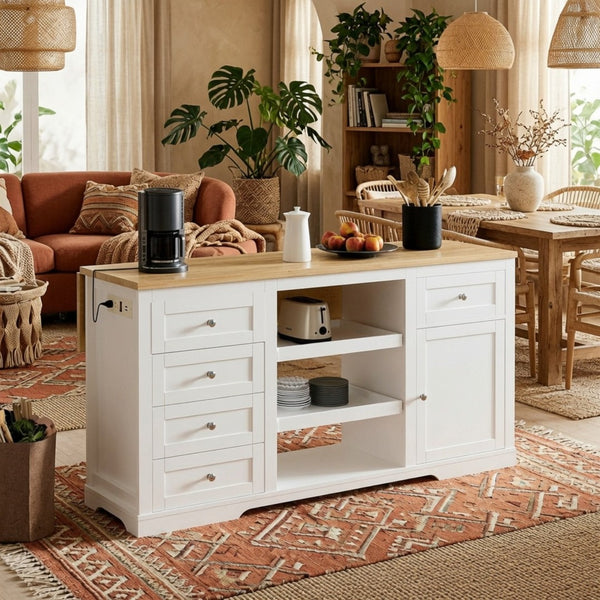 English Elm 59" Rubberwood Farmhouse Kitchen Island with Drop Leaf Power Outlets and Pet Drawer B082P529526