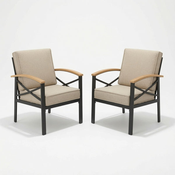 English Elm 2 Piece Iron Frame Outdoor Armchair Set with Washable Cushions for Patio Deck Beige B082P532114