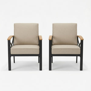 English Elm 2 Piece Iron Frame Outdoor Armchair Set with Washable Cushions for Patio Deck Beige B082P532114