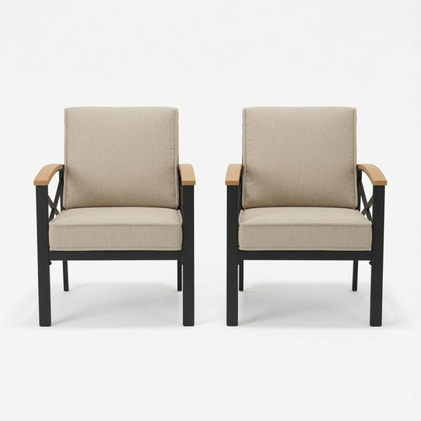 English Elm 2 Piece Iron Frame Outdoor Armchair Set with Washable Cushions for Patio Deck Beige B082P532114