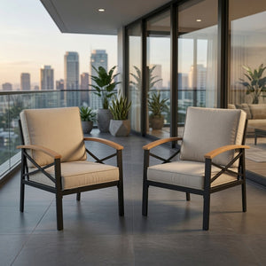 English Elm 2 Piece Iron Frame Outdoor Armchair Set with Washable Cushions for Patio Deck Beige B082P532114
