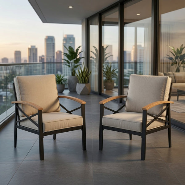 English Elm 2 Piece Iron Frame Outdoor Armchair Set with Washable Cushions for Patio Deck Beige B082P532114