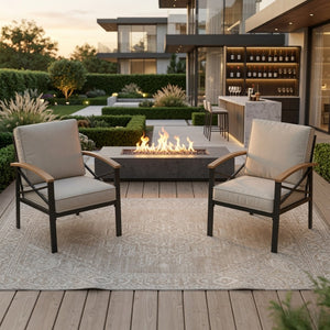 English Elm 2 Piece Iron Frame Outdoor Armchair Set with Washable Cushions for Patio Deck Beige B082P532114