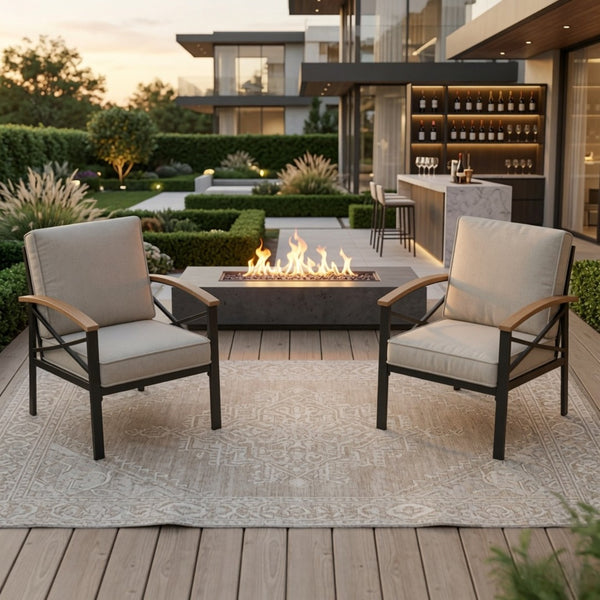 English Elm 2 Piece Iron Frame Outdoor Armchair Set with Washable Cushions for Patio Deck Beige B082P532114