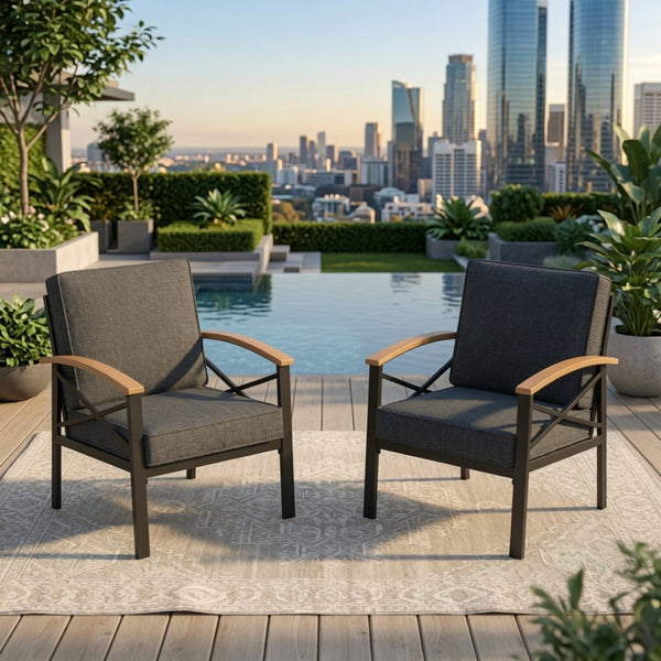 English Elm 2 Piece Iron Frame Outdoor Armchair Set with Washable Cushions for Patio Deck Gray B082P532115