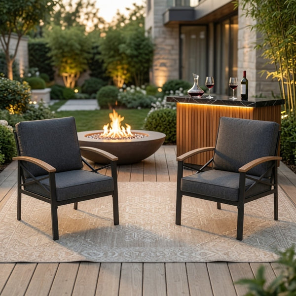 English Elm 2 Piece Iron Frame Outdoor Armchair Set with Washable Cushions for Patio Deck Gray B082P532115