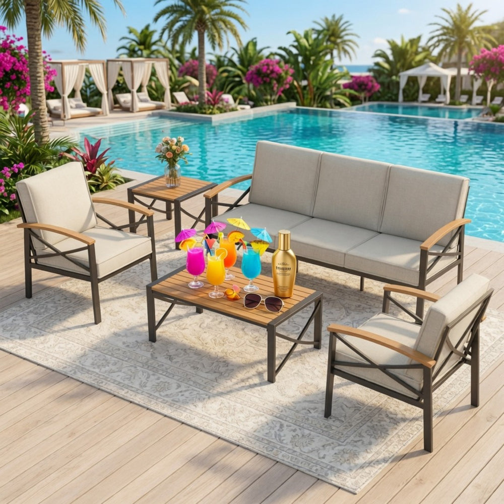 English Elm 18.9” 18.9" Square Outdoor Patio End Table Iron Frame Wood Grain Hdps Top Matte Black B082P532116