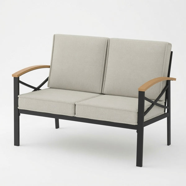 English Elm Heavy-duty Outdoor Loveseat Iron Frame Wood Armrests Washable Cushions Patio Seating Beige B082P532117