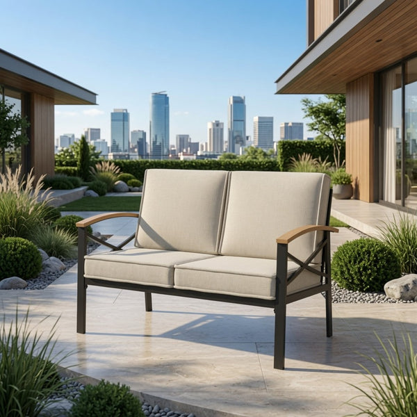 English Elm Heavy-duty Outdoor Loveseat Iron Frame Wood Armrests Washable Cushions Patio Seating Beige B082P532117