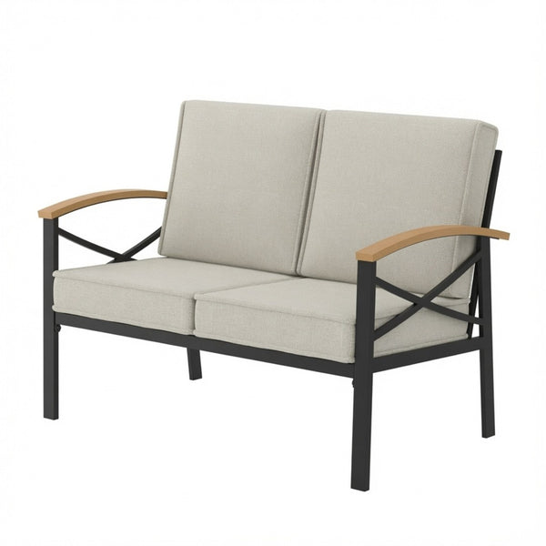 English Elm Heavy-duty Outdoor Loveseat Iron Frame Wood Armrests Washable Cushions Patio Seating Beige B082P532117