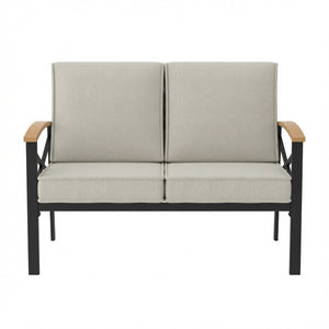 English Elm Heavy-duty Outdoor Loveseat Iron Frame Wood Armrests Washable Cushions Patio Seating Beige B082P532117