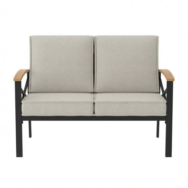 English Elm Heavy-duty Outdoor Loveseat Iron Frame Wood Armrests Washable Cushions Patio Seating Beige B082P532117