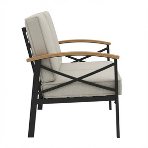 English Elm Heavy-duty Outdoor Loveseat Iron Frame Wood Armrests Washable Cushions Patio Seating Beige B082P532117