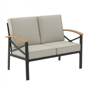 English Elm Heavy-duty Outdoor Loveseat Iron Frame Wood Armrests Washable Cushions Patio Seating Beige B082P532117