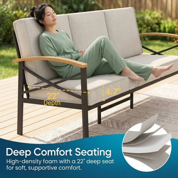 English Elm Heavy-duty Outdoor Loveseat Iron Frame Wood Armrests Washable Cushions Patio Seating Beige B082P532117