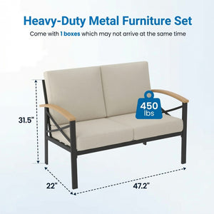 English Elm Heavy-duty Outdoor Loveseat Iron Frame Wood Armrests Washable Cushions Patio Seating Beige B082P532117