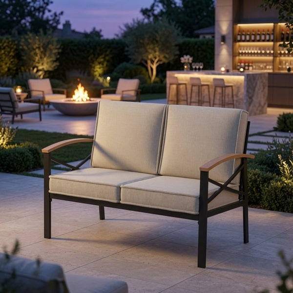 English Elm Heavy-duty Outdoor Loveseat Iron Frame Wood Armrests Washable Cushions Patio Seating Beige B082P532117