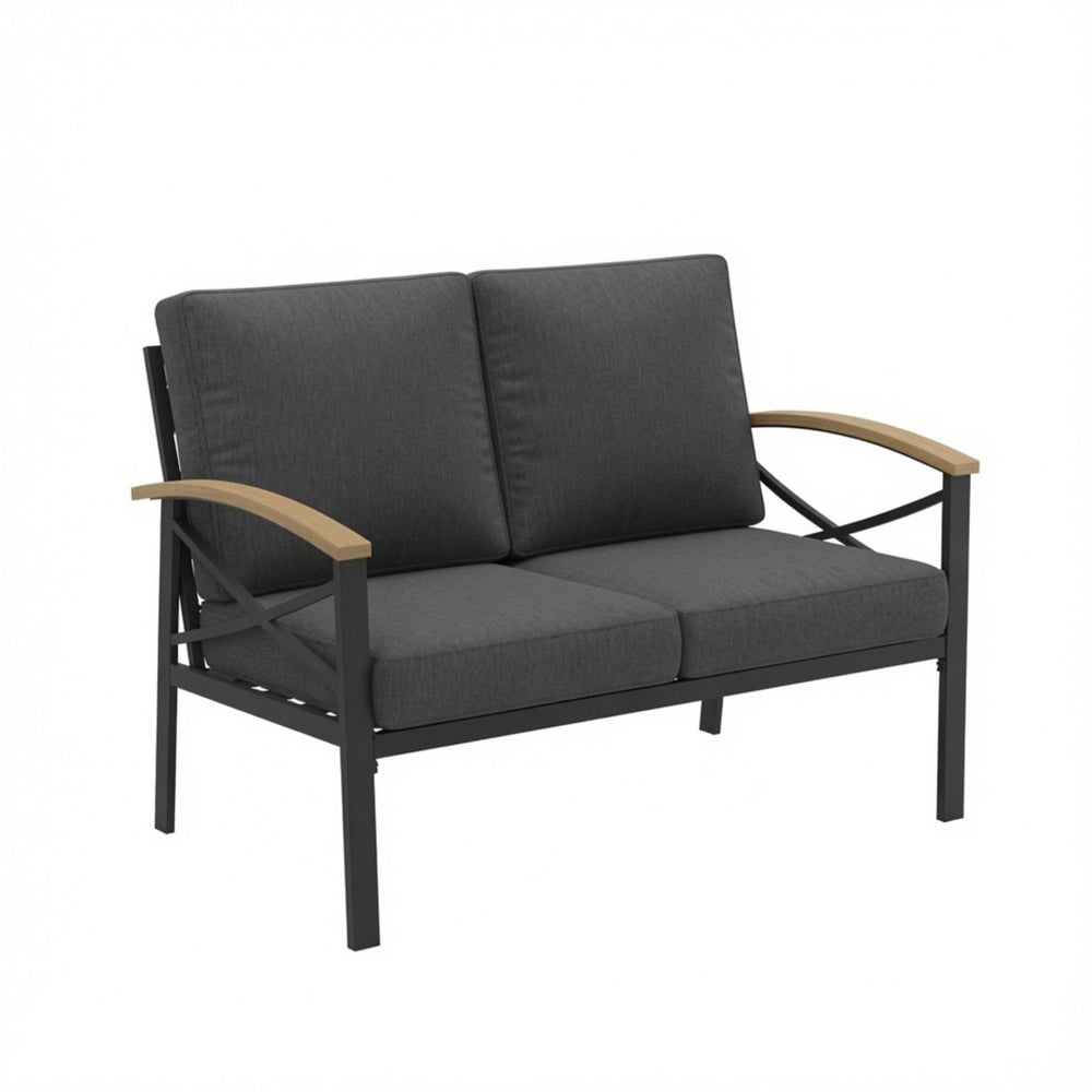 English Elm Heavy-duty Outdoor Loveseat Iron Frame Wood Armrests Washable Cushions Patio Seating Gray B082P532118