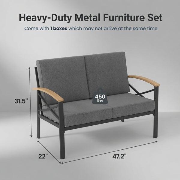 English Elm Heavy-duty Outdoor Loveseat Iron Frame Wood Armrests Washable Cushions Patio Seating Gray B082P532118