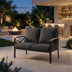 English Elm Heavy-duty Outdoor Loveseat Iron Frame Wood Armrests Washable Cushions Patio Seating Gray B082P532118