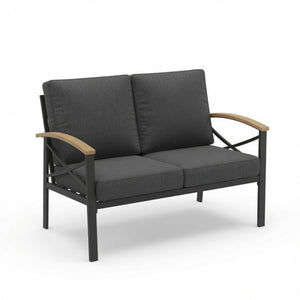 English Elm Heavy-duty Outdoor Loveseat Iron Frame Wood Armrests Washable Cushions Patio Seating Gray B082P532118