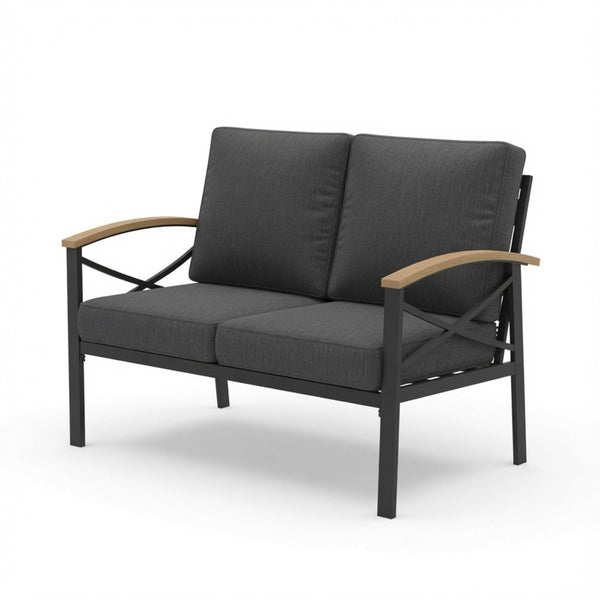 English Elm Heavy-duty Outdoor Loveseat Iron Frame Wood Armrests Washable Cushions Patio Seating Gray B082P532118