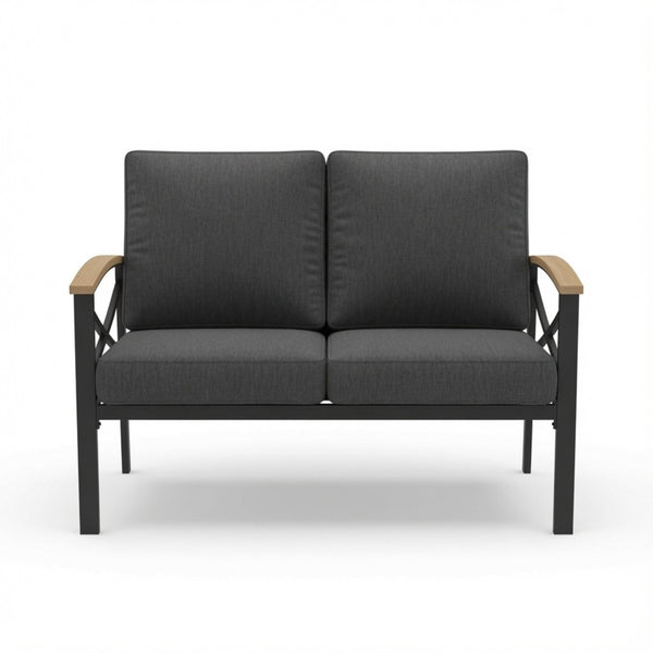 English Elm Heavy-duty Outdoor Loveseat Iron Frame Wood Armrests Washable Cushions Patio Seating Gray B082P532118