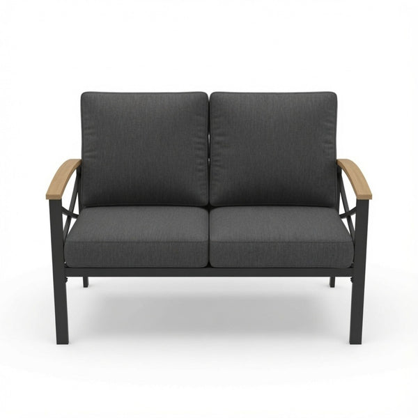 English Elm Heavy-duty Outdoor Loveseat Iron Frame Wood Armrests Washable Cushions Patio Seating Gray B082P532118