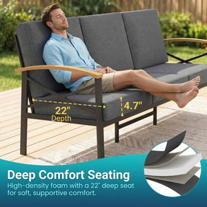 English Elm Heavy-duty Outdoor Loveseat Iron Frame Wood Armrests Washable Cushions Patio Seating Gray B082P532118