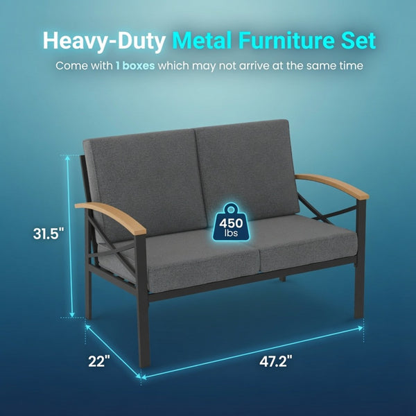 English Elm Heavy-duty Outdoor Loveseat Iron Frame Wood Armrests Washable Cushions Patio Seating Gray B082P532118